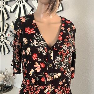 H&M Black Floral Dress open with button at front size 2